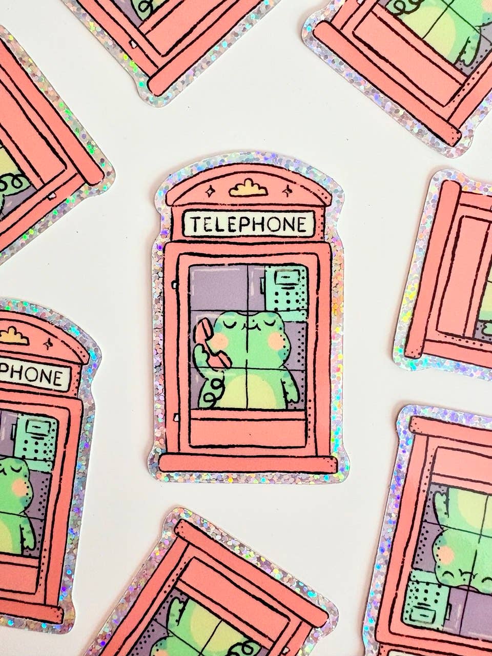 Frog in a Telephone Booth Glitter Sticker | Kawaii Cute