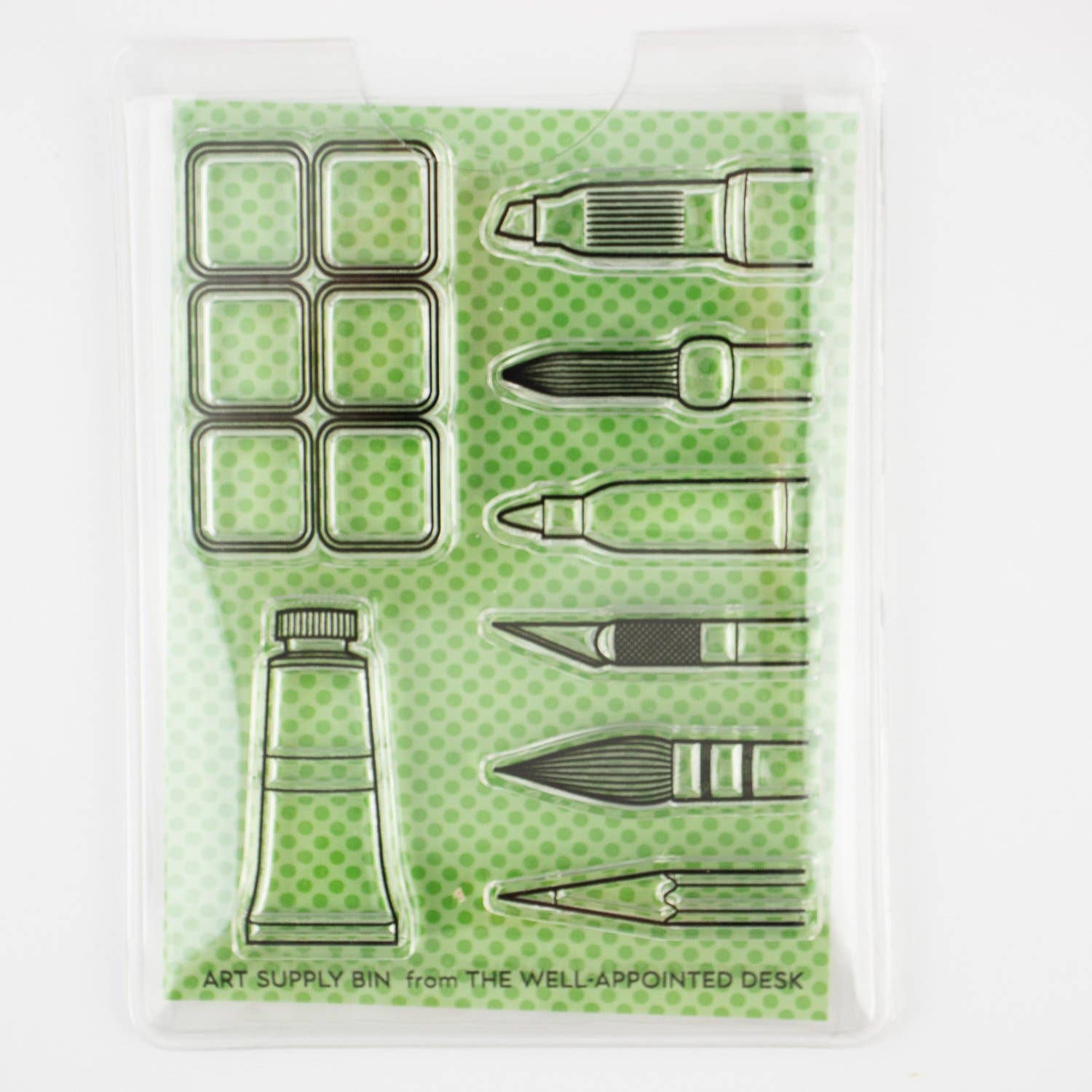 Art Supply Bin - Pens, Brushes, Markers, Paint- 3"x4" Clear Stamp Set (8 stamp designs)