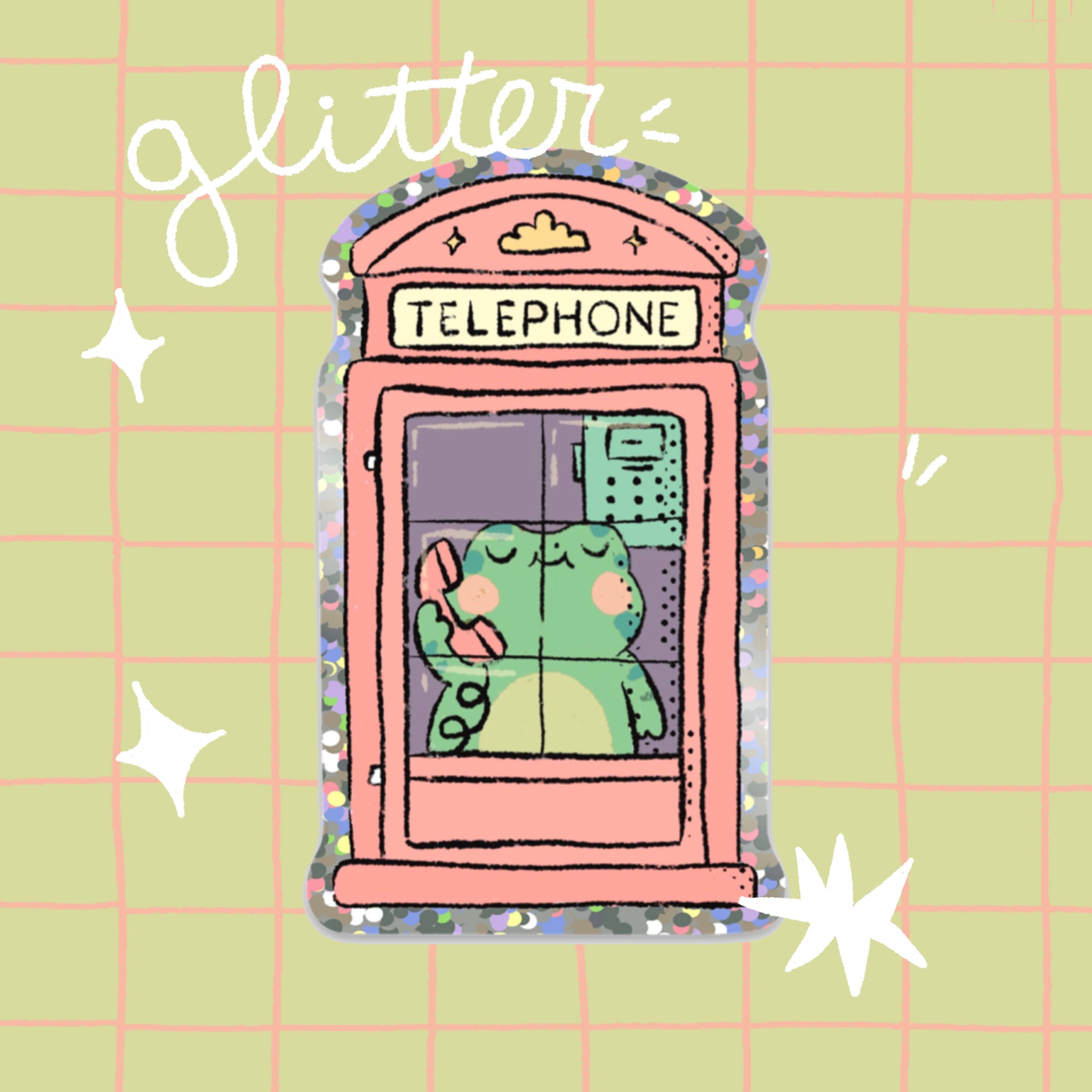Frog in a Telephone Booth Glitter Sticker | Kawaii Cute