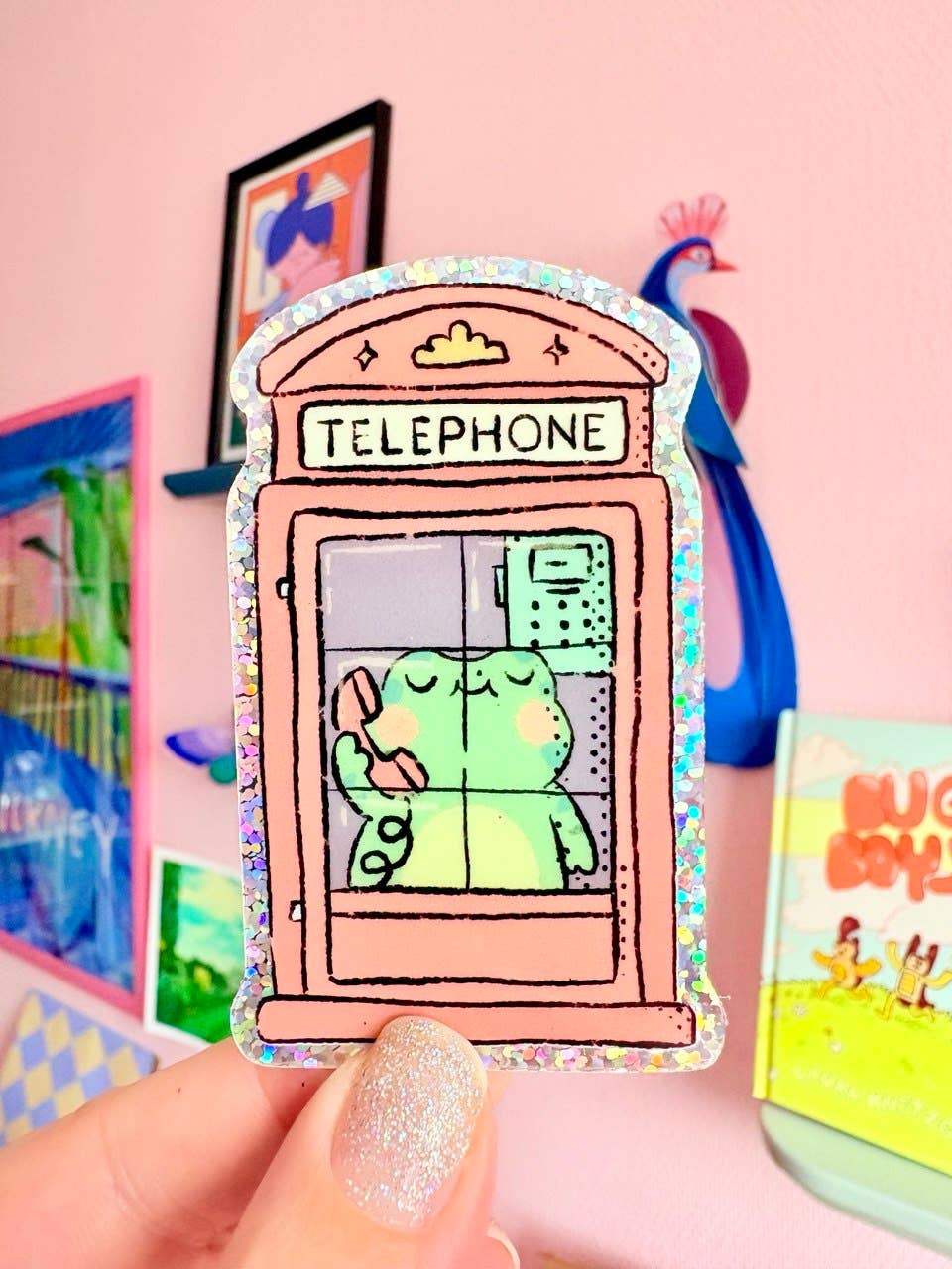Frog in a Telephone Booth Glitter Sticker | Kawaii Cute