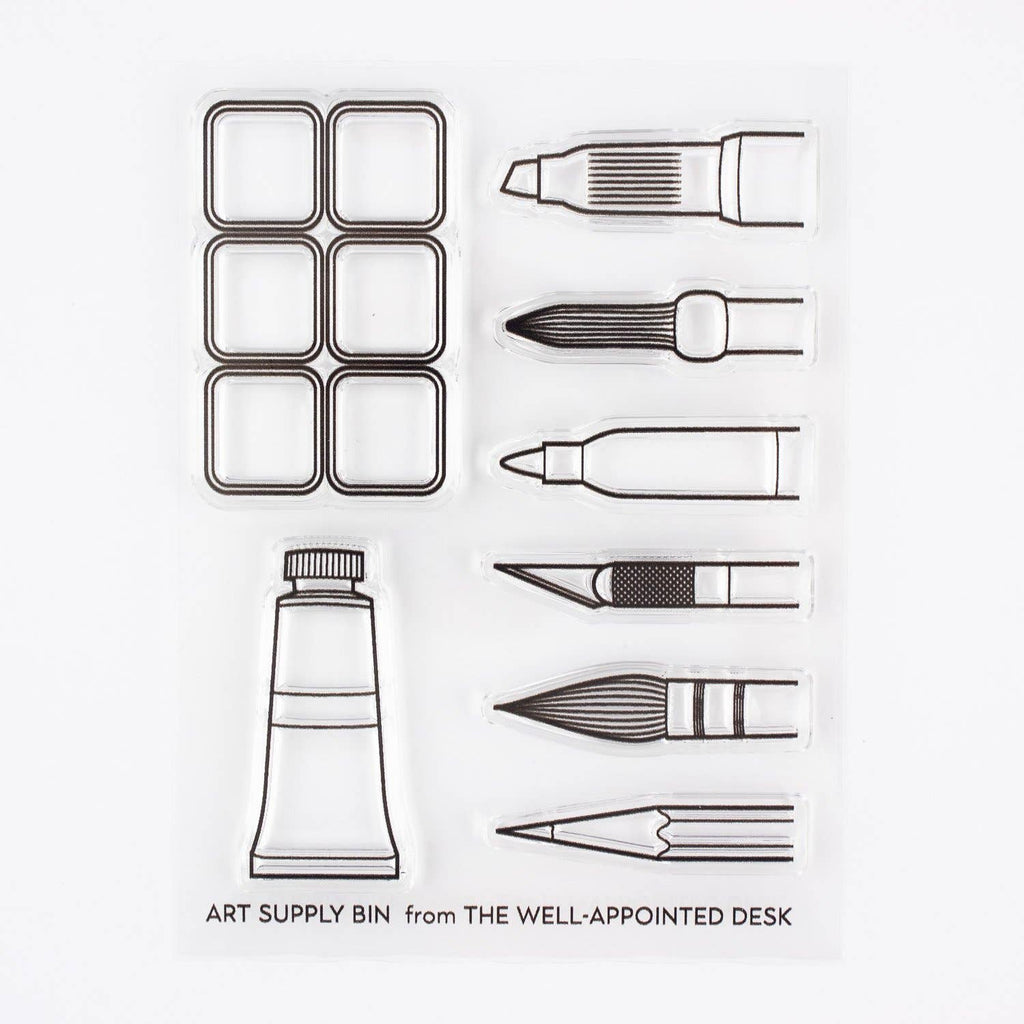 Art Supply Bin - Pens, Brushes, Markers, Paint- 3"x4" Clear Stamp Set (8 stamp designs)