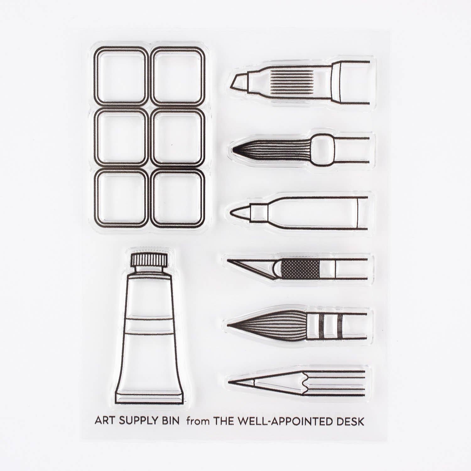 Art Supply Bin - Pens, Brushes, Markers, Paint- 3"x4" Clear Stamp Set (8 stamp designs)