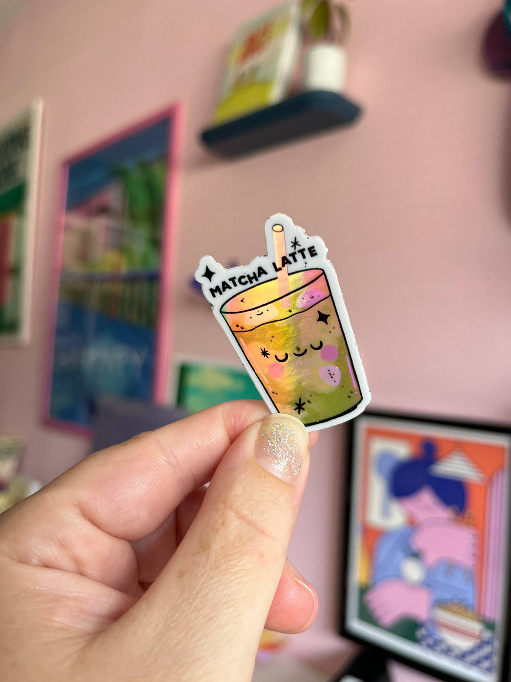 Holographic Matcha Latte Sticker. Waterproof/ Dishwasher